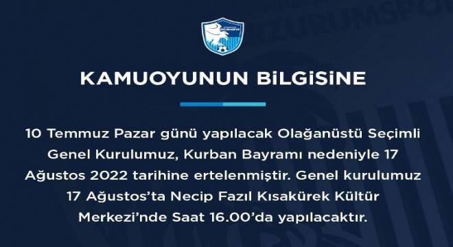Erzurumspor Kongresi 17 Ağustos'ta yapılacak